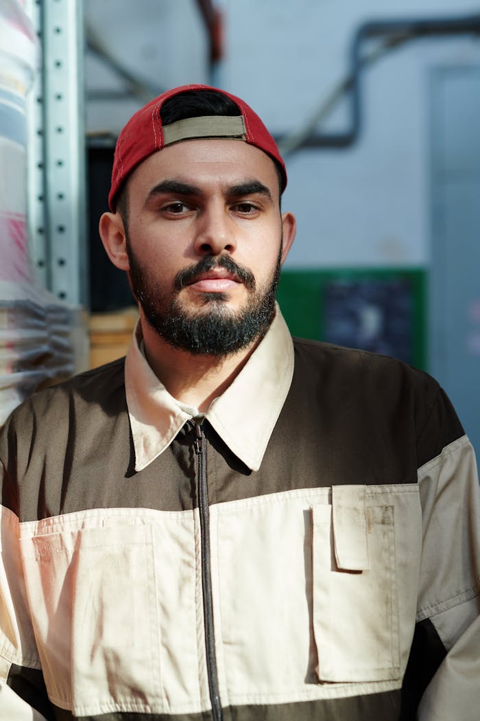 Portrait of a bearded man wearing a baseball cap and jacket in a warehouse setting.